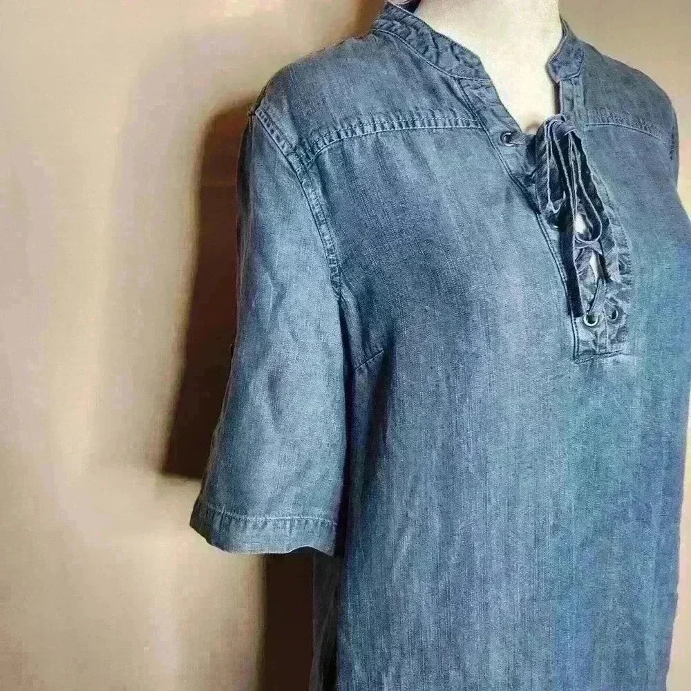 Chelsea & Theodore women's blue denim shift dress midi size small - Picture 3 of 8